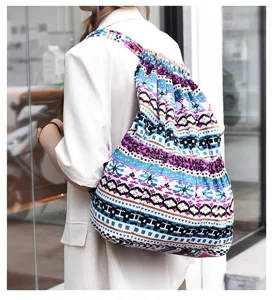 Sac à dos cordon géométrique ethnique, sac fourre-tout en toile pour voyage et quotidien.
