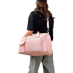 Pink quilted travel duffel bag large capacity fitness gym bag with shoulder strap and shoe compartment