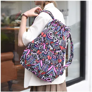 Sac à dos cordon en toile coloré motif géométrique ethnique pour femme voyage loisir