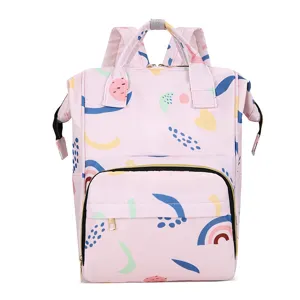 Pink multi-functional large capacity diaper backpack for mom with cute abstract pattern main view