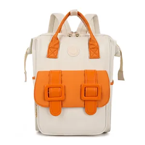Large capacity multi-functional diaper backpack, stylish casual mom bag in cream and orange.