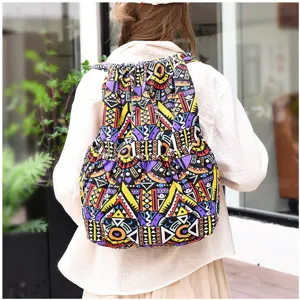 Sac à dos cordon en toile motif ethnique géométrique, voyage loisir mignon sac sport femme.