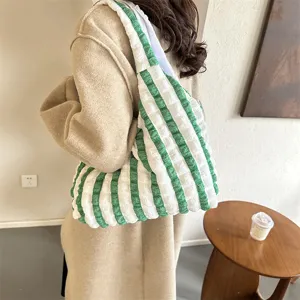 Borsa shopper plissettata a righe verdi e bianche, grande capacità borsa a spalla.