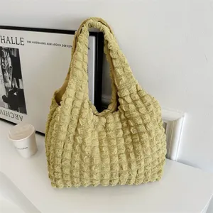 Donna borsa a spalla shopper plissettata a bolle minimalista grande capacità borsa gialla