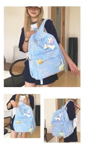 Sac à dos étudiant bleu clair avec pendentifs étoiles mignons, cartable élégant pour filles.