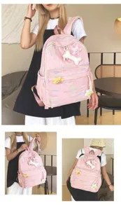 Joli sac à dos rose pour filles, cartable élégant pour étudiants avec adorables pendentifs en peluche
