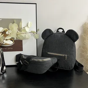 Korean style denim mini backpack and waist bag set for kids, cute cartoon bear ears design.