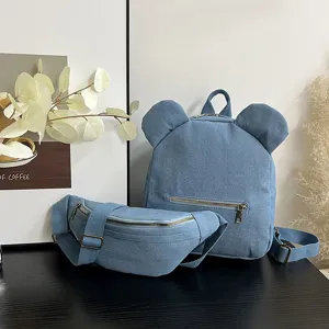 Cute denim bear ear backpack and waist bag set, Korean style casual school bag for kids and students.