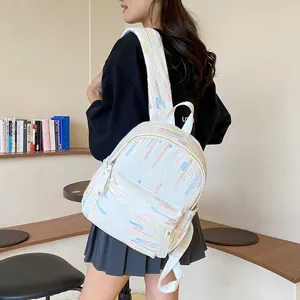 Weißer süßer Mini Rucksack für Damen und Mädchen, lässige Schultasche mit bunten Linien.