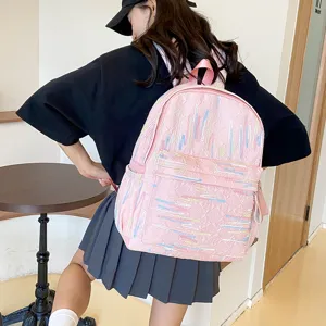 Rosa süßer Mini-Rucksack für Damen, stylische japanische weiche Schultasche mit bunten Streifen.