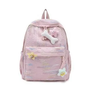 Joli sac à dos rose pour filles, cartable élégant et esthétique avec des pendentifs en peluche