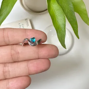 Bague coeur en argent sterling vintage avec pierre bleue, anneau ouvert retro.