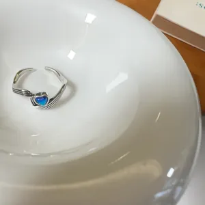 Bague Ouverte Cœur Onde Rétro Vintage en Argent Sterling 925 Pierre Colorée Bijou Réglable