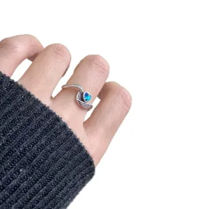 Bague coeur bleu vague retro en argent S925 vintage ouverte reglable bijou tendance principal