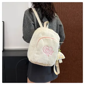 Japanese style cute plush backpack for women, soft furry casual school bookbag with heart.