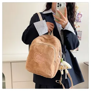 Japanese style plush backpack for women cute brown fuzzy school bag casual daypack with heart embroidery