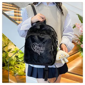 Stylish black plush backpack with heart embroidery, perfect casual Japanese style daily use.