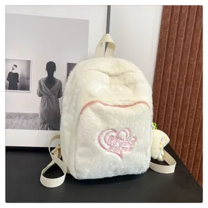 Japanese style cute plush backpack for women, soft furry school bookbag with heart embroidery.