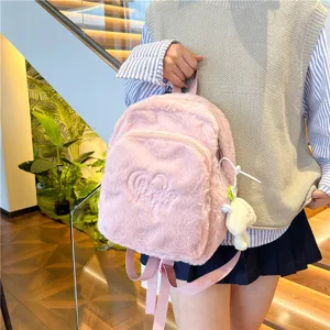Japanese style pink plush backpack for women, cute soft furry casual school daypack bag.