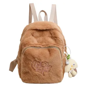 Cute plush backpack for women daily casual soft furry school bag with front pocket