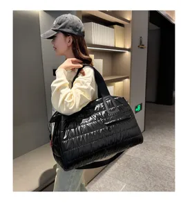 Black quilted puffer travel duffel bag large capacity gym tote for women workout overnight