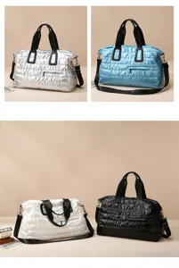 Quilted puffer duffel bag for travel and gym, lightweight waterproof weekender bag with straps.