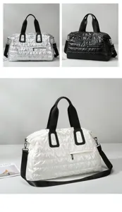 Detailed view of quilted puffer duffel bag, versatile travel storage and gym sports bag.