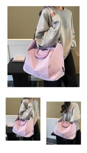 Light purple travel duffel bag detail, large capacity gym bag with durable shoulder strap.
