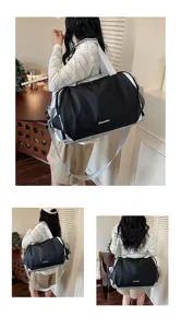 Detailed view of the stylish color-block travel duffel bag showcasing multi-angle wear.