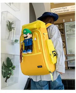 Large capacity travel backpack yellow casual daypack with cute cartoon plush pendant durable