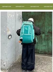 Large capacity turquoise travel backpack with multiple pockets and cute pendant for outdoor sports.