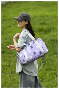 Purple cute bear print travel duffel bag with adjustable shoulder strap for women