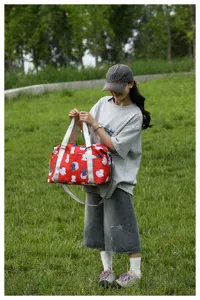 Cute cartoon bear print travel duffel bag with shoulder strap for women, red daily casual bag.