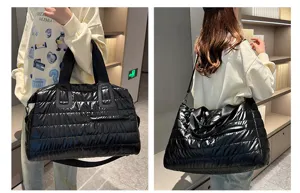 Black quilted travel duffel bag puffer luggage bag large capacity gym sports shoulder bag