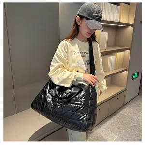 Puffer tote bag for women, lightweight quilted travel duffel bag, casual shoulder bag.