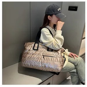 Metallic puffer tote bag travel duffel bag lightweight quilted shoulder gym weekender bag