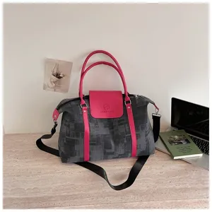 Fashion oil painting travel duffle bag with pink leather handles and adjustable shoulder strap