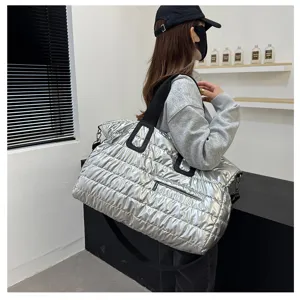 Metallic silver quilted tote bag, large capacity travel duffel and fashion gym bag.