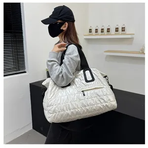 White glossy puffer tote bag large capacity travel shoulder bag casual puffer handbag for women