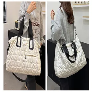 White puffer tote bag large capacity travel duffel bag lightweight quilted shoulder bag for women