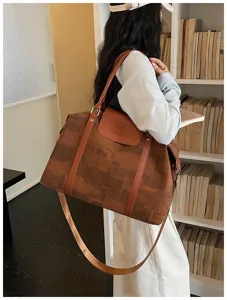 Stylish brown oil painting travel duffle bag, spacious canvas shoulder bag for commute.