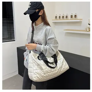 Large capacity quilted puffer tote bag for women, trendy shiny winter shoulder crossbody bag.