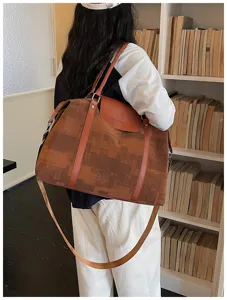 Brown patterned travel duffel bag large capacity shoulder crossbody bag for women commute travel
