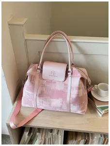 Pink oil painting travel duffel bag with shoulder strap, versatile commuting weekender bag.