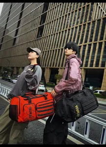Detail view of the stylish multi-functional travel duffel bag, ideal for sports and gym use.