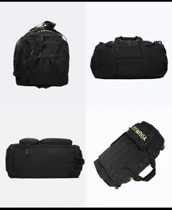 Black multi-functional sports travel duffel bag with shoulder strap and mesh pockets.