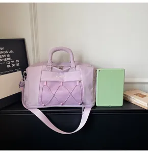 Lavender travel duffel bag with mesh pocket and shoulder strap for gym and weekend trips.