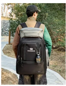 Large capacity travel backpack with luggage strap, detail view for outdoor sports use.