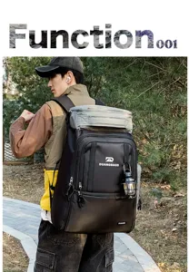Outdoor travel backpack detail showing durable fabric, multi-pocket design and comfortable strap.