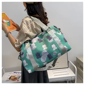 Green cute bear print travel duffel bag with shoulder strap for daily trips and flights